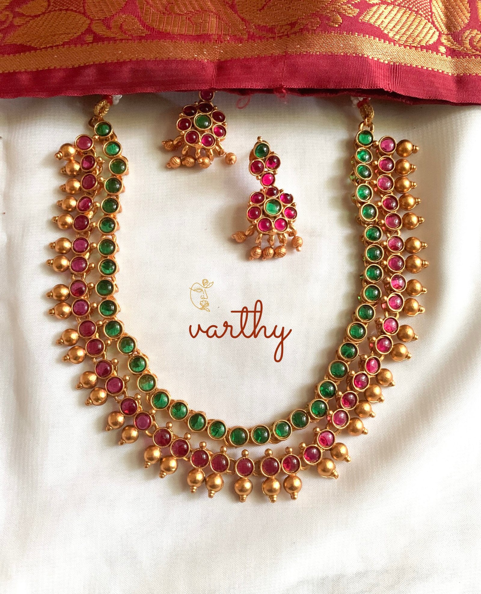 Buy Vama Fashions Aari work necklace wedding jewellery white Pearl studded  golden beads green Choker for women saree Online at Best Prices in India -  JioMart.