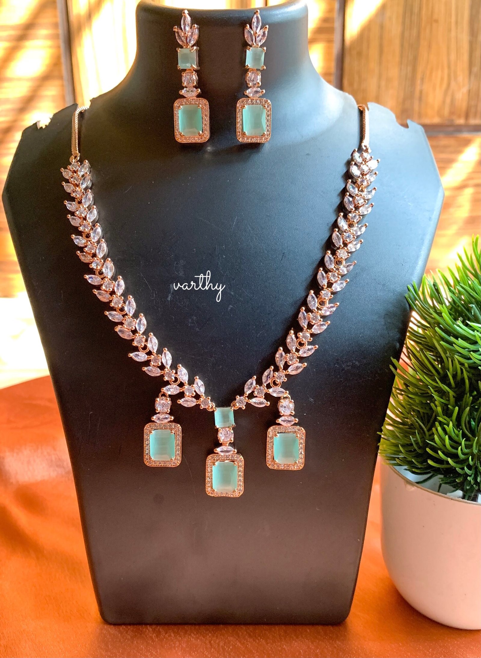 Rose gold American diamond necklace set, Crystal mint green Jewelry